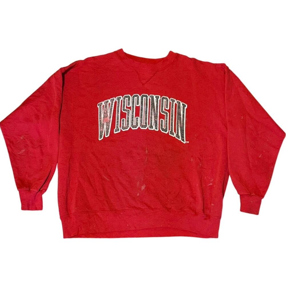Vintage 80s Thrashed Red University of Wisconsin Badgers Crewneck Size Large